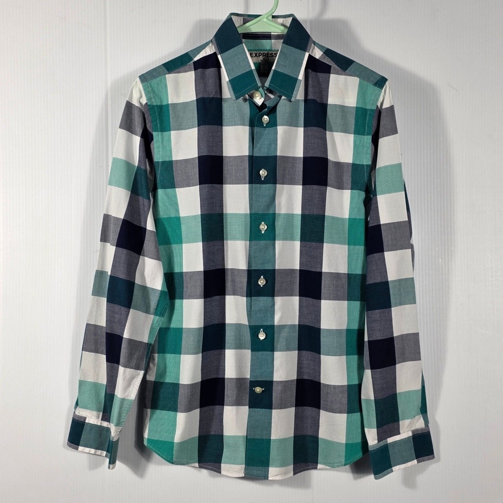 Express Mens Fitted Button Down Shirt Small Teal Green Navy Buffalo Check Plaid